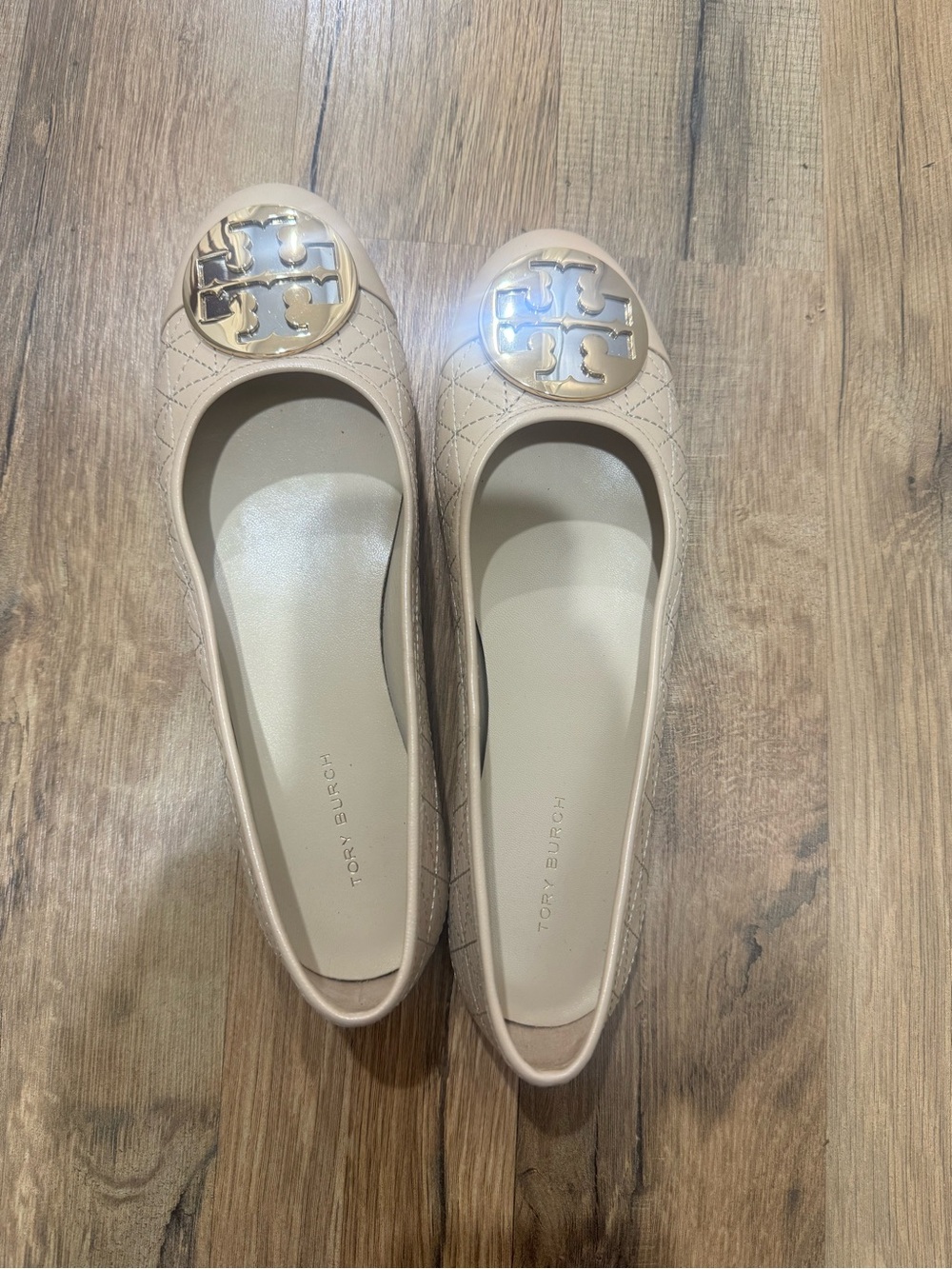 Tory Burch Claire Quilted Ballet Flats with Silver and Gold Emblem